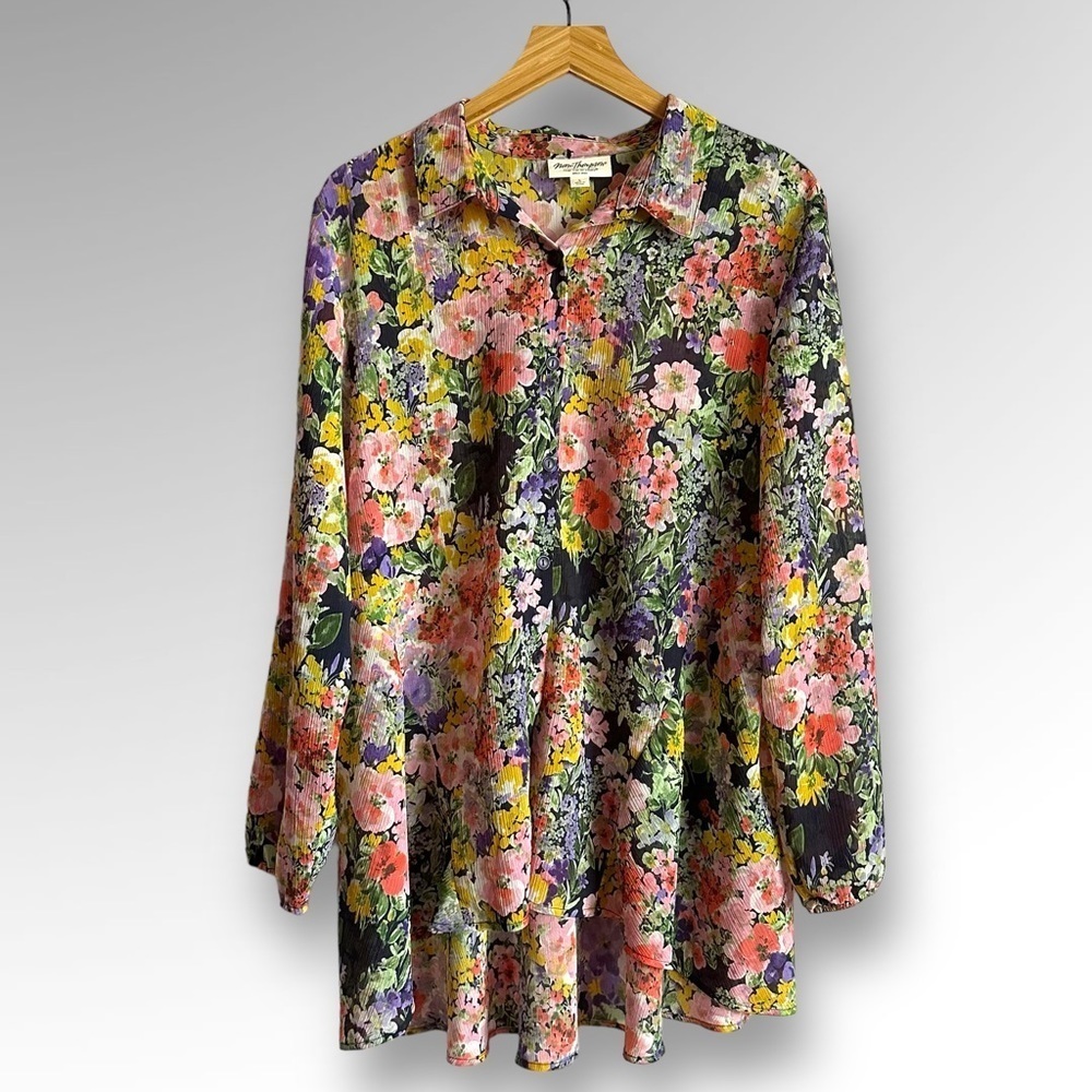NORM THOMPSON Women's Blouse Long Sleeve Button Bright Floral Shirt Sz L